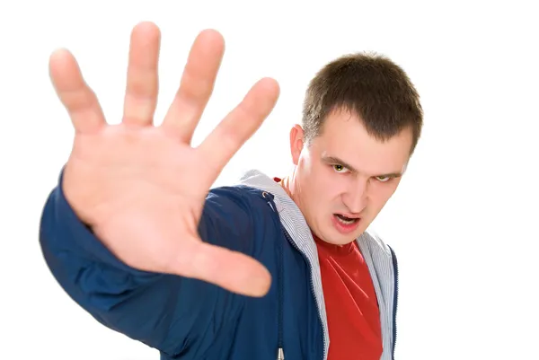 Rozhněvaných mužů říct stop s dlaní nahoru — Stock fotografie