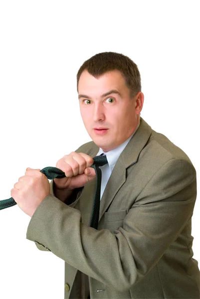 Afraid businessman strangle tie — Stock Photo, Image