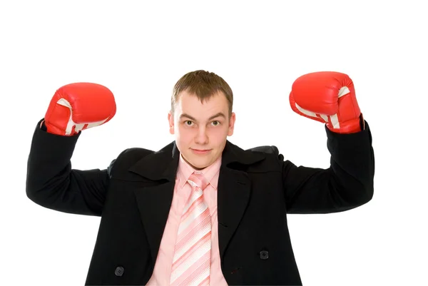 Young businessman in boxing glove — Stock Photo, Image