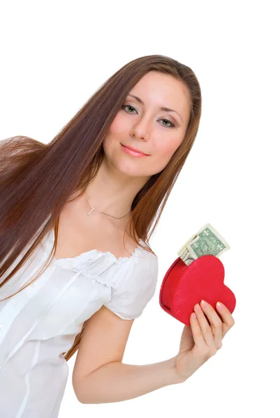 Dívka drží srdce s penězi — Stock fotografie