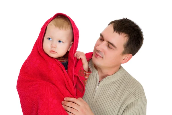 Otec a pod červený ručník syna pohromadě — Stock fotografie