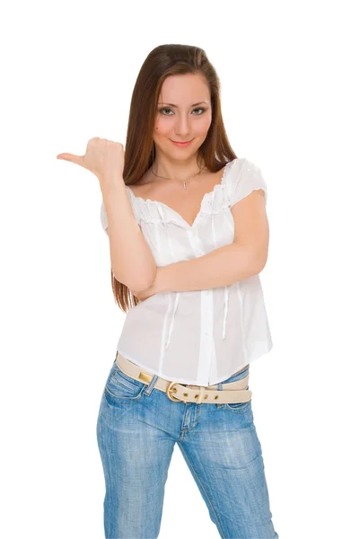 Beautiful young woman shows finger — Stock Photo, Image