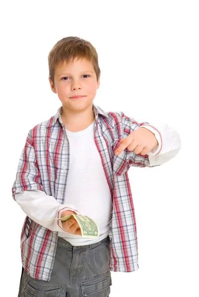 Junge zeigt einen Dollar in seinen Händen Stockbild