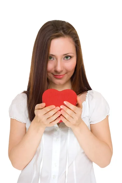 Girl give red heart — Stock Photo, Image
