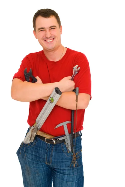 Sorriso trabalhador com ferramentas — Fotografia de Stock