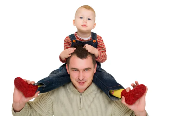 Happy man hold his son neck — Stock Photo, Image