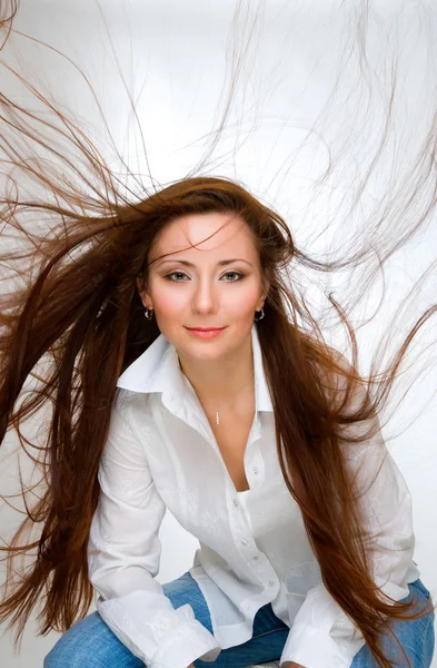 Menina com cabelo voador — Fotografia de Stock