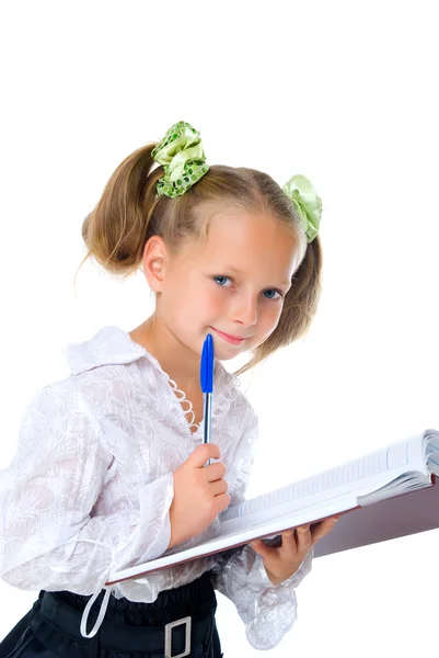 Menina loira com diário e caneta — Fotografia de Stock