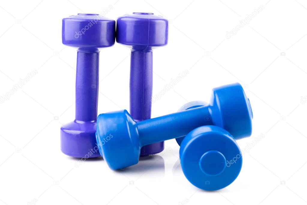 Four blue dumbbell stand