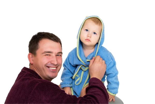 Happy father corrects the son gown — Stock Photo, Image
