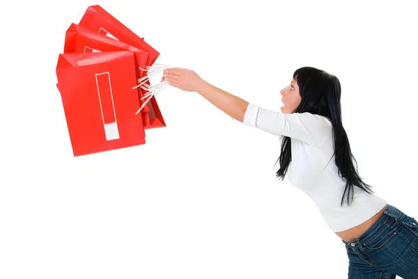 Girl juggle packages — Stock Photo, Image