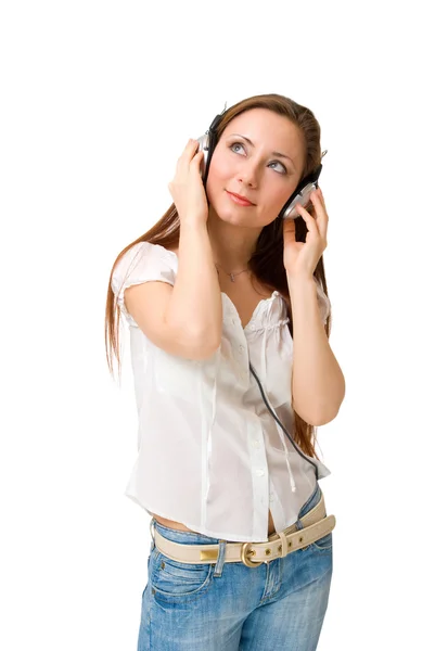 Lány fülhallgatóval zenét hallgat음악을 듣는 헤드폰 소녀 — 스톡 사진