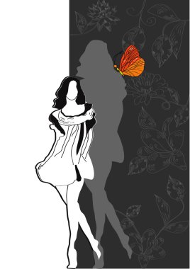 Card with fashion model and butterfly clipart