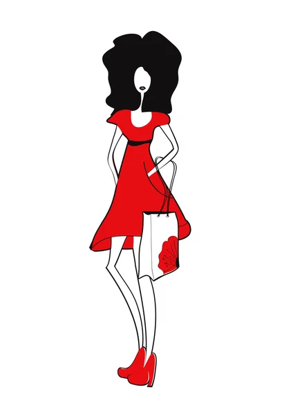 Chica con pelo negro y bolsa de compras — Archivo Imágenes Vectoriales