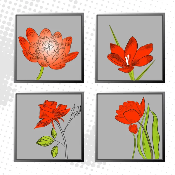 Empat kartu dengan bunga yang berbeda - Stok Vektor