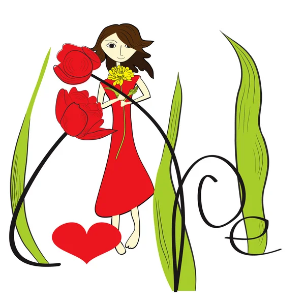 Κορίτσι με τα κόκκινα λουλούδια — Διανυσματικό Αρχείο