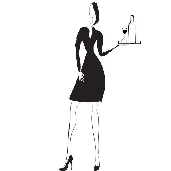 Black and white vector image waitress — Stock Vector