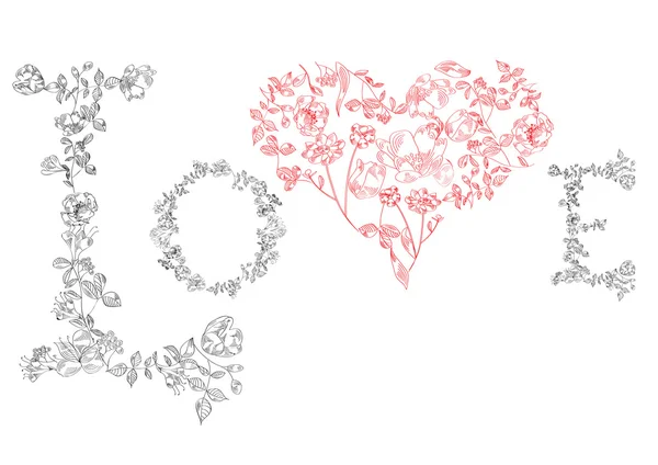 Florale Schrift. Buchstaben Liebe mit Herz — Stockvektor