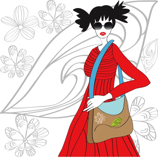 Jeune femme en robe rouge avec sac — Image vectorielle