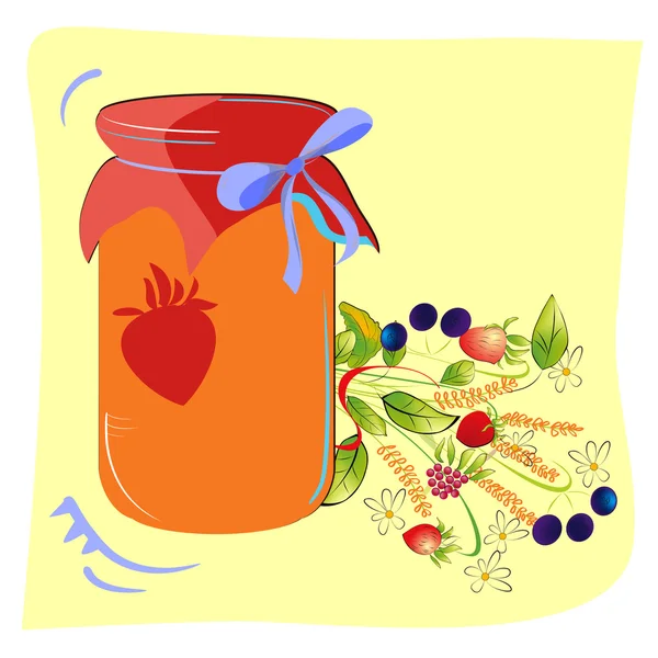 Colorido vaso de mermelada con flores del bosque — Vector de stock