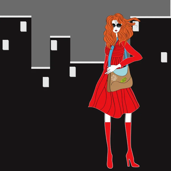 Fiatal nő piros ruhában — Stock Vector