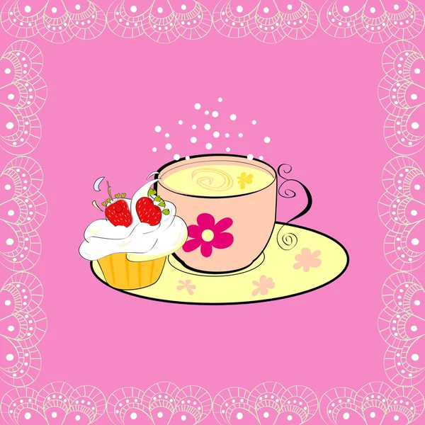 En kopp te med cupcake — Stock vektor