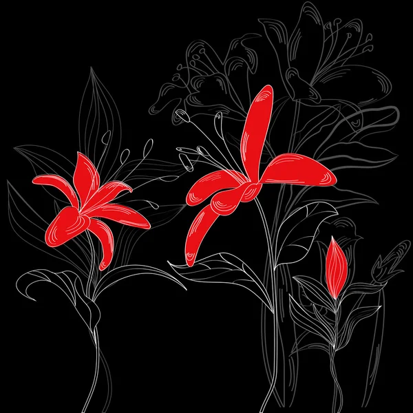 Piros virágok fekete háttér — Stock Vector