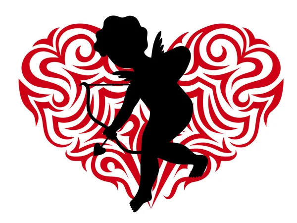 Cupidon de silhouette et Coeur stylisé — Image vectorielle