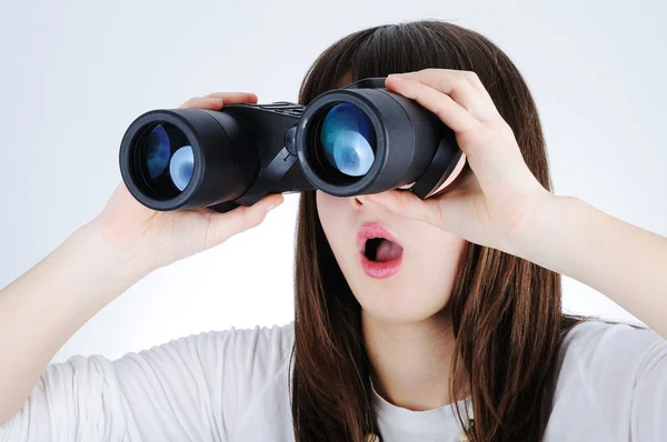 Girl with binoculars — Stock Photo, Image