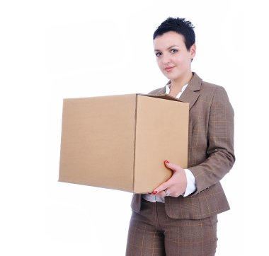 Attractive sexy woman with big box in hands clipart