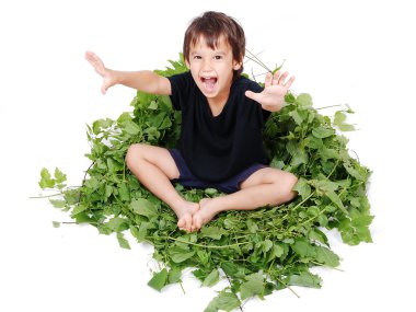 A little cute kid sitting on green leave clipart