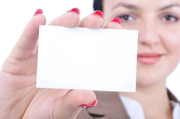 Привлекательная сексуальная женщина держит пустую карту для тебя — стоковое фото