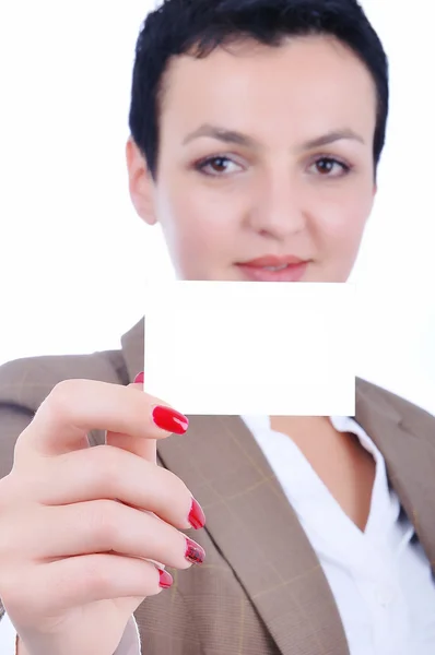 Attraktiva sexig kvinna med tomma kort för dig — Stockfoto