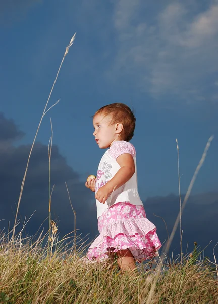 Pequeña linda chica caminando en el prado — Foto de Stock