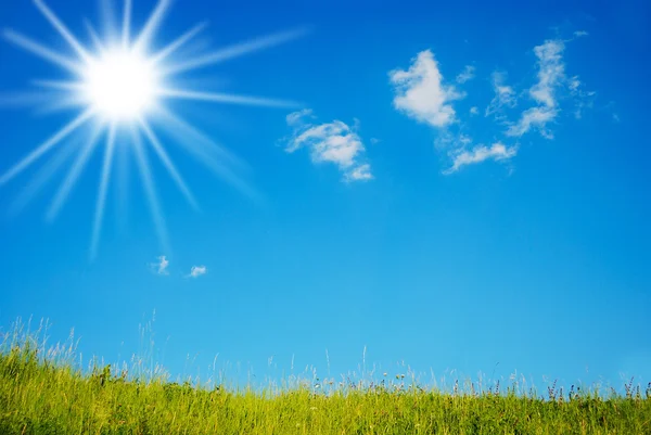 Sun in the cloudly sky over green grass — Stock Photo, Image