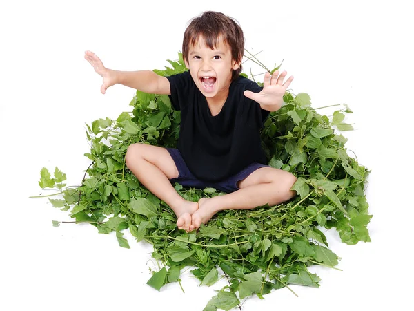 A little cute kid sitting on green leave — Stock Photo, Image