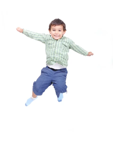 Weinig schattige jongen springen geïsoleerde — Stockfoto