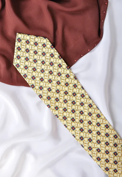 Fondo de seda blanco y marrón con corbata — Foto de Stock