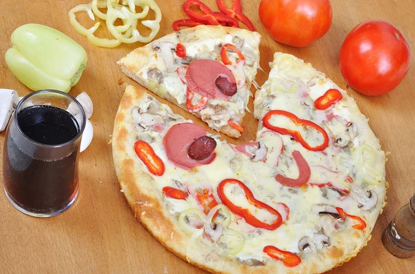 Prepared pizza with many colors on and s