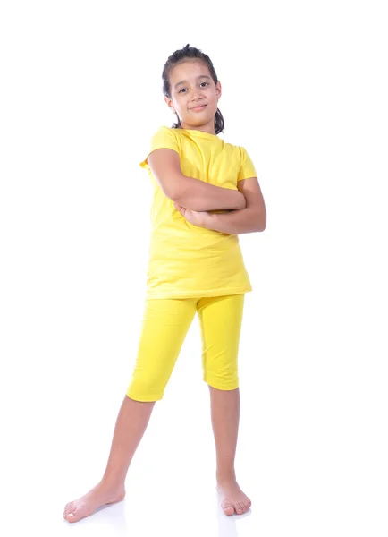 Schönes Mädchen in gelb isoliert — Stockfoto