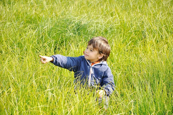 Ευτυχισμένη παιδική ηλικία σε πράσινο όμορφη meado — Φωτογραφία Αρχείου