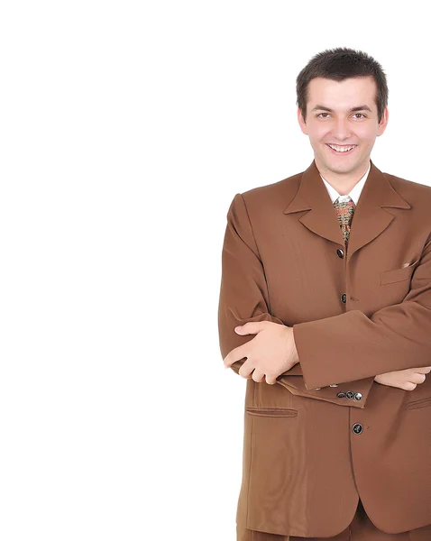 Ung man i brun kostym isolerade — Stockfoto