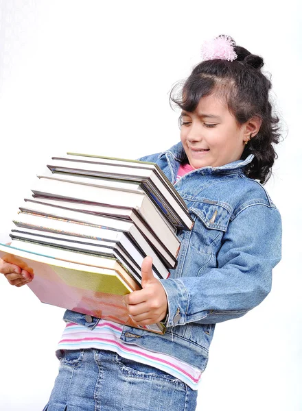 School girl gazdaság sok könyv — Stock Fotó