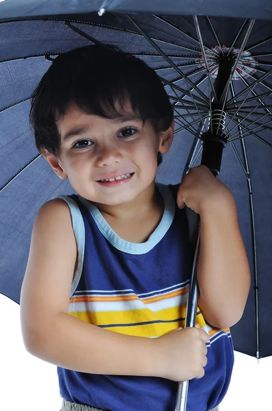 Sehr nettes Kind mit Regenschirm, isoliert — Stockfoto