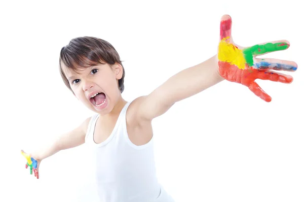 Un niño lindo con colores en blanco — Foto de Stock