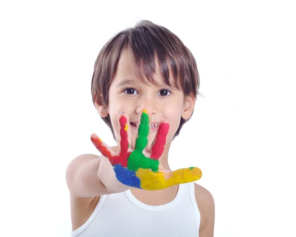 Un niño lindo con colores en blanco —  Fotos de Stock