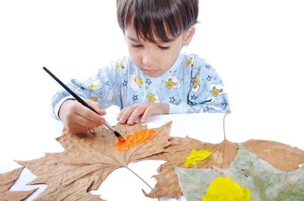A little sweet boy painting on leaves — Stock Photo, Image