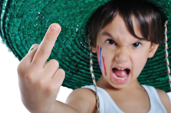 A little kid with rude gesture, middle f Stock Photo