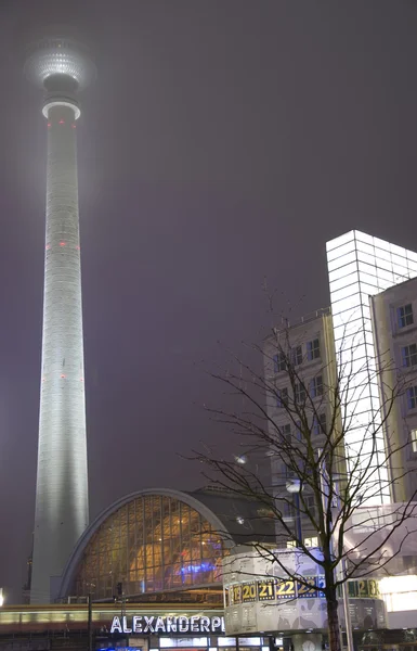 Berlin alexanderplatz with world clock urania at night — Stock Photo, Image