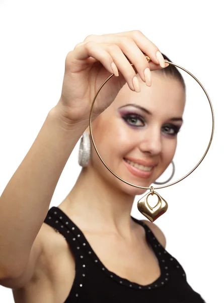 Cheerful woman with golden necklace — Stock Photo, Image